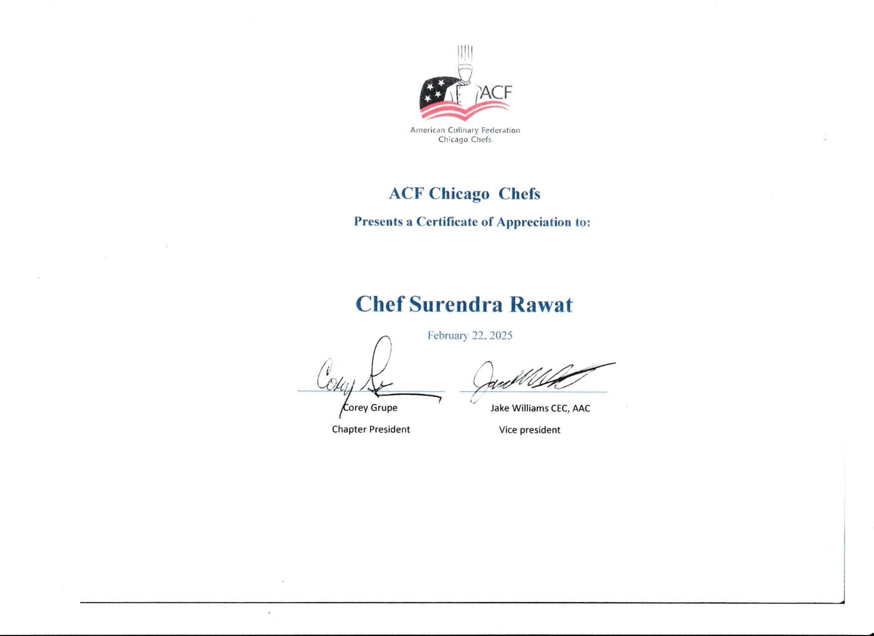 ACF Chicago Certificate of Appreciation